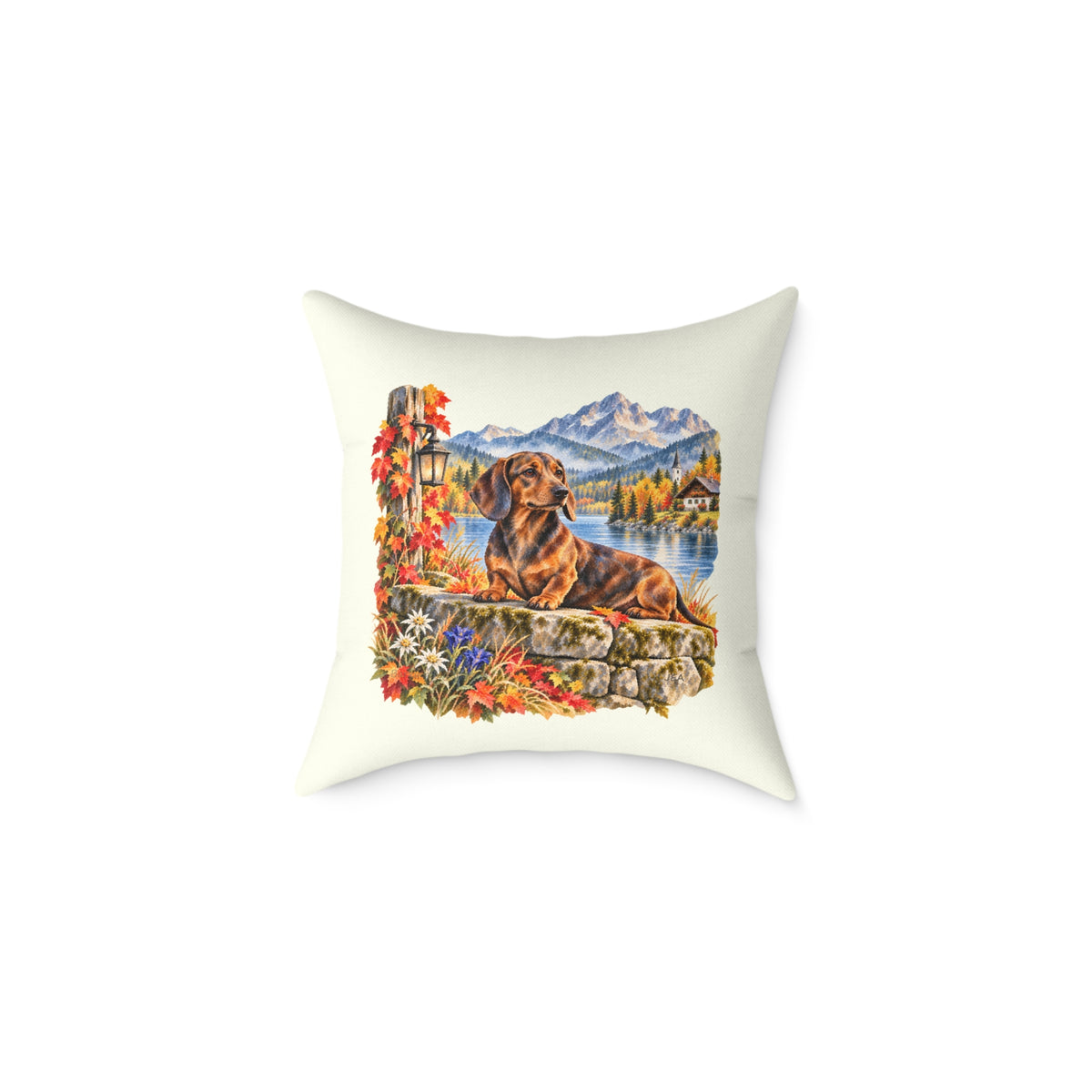 Dachshund Bavarian Alps Autumn Throw Pillow Ivory Home Decor Collection Alpine Lake Dog Decor BarkingDog Shop