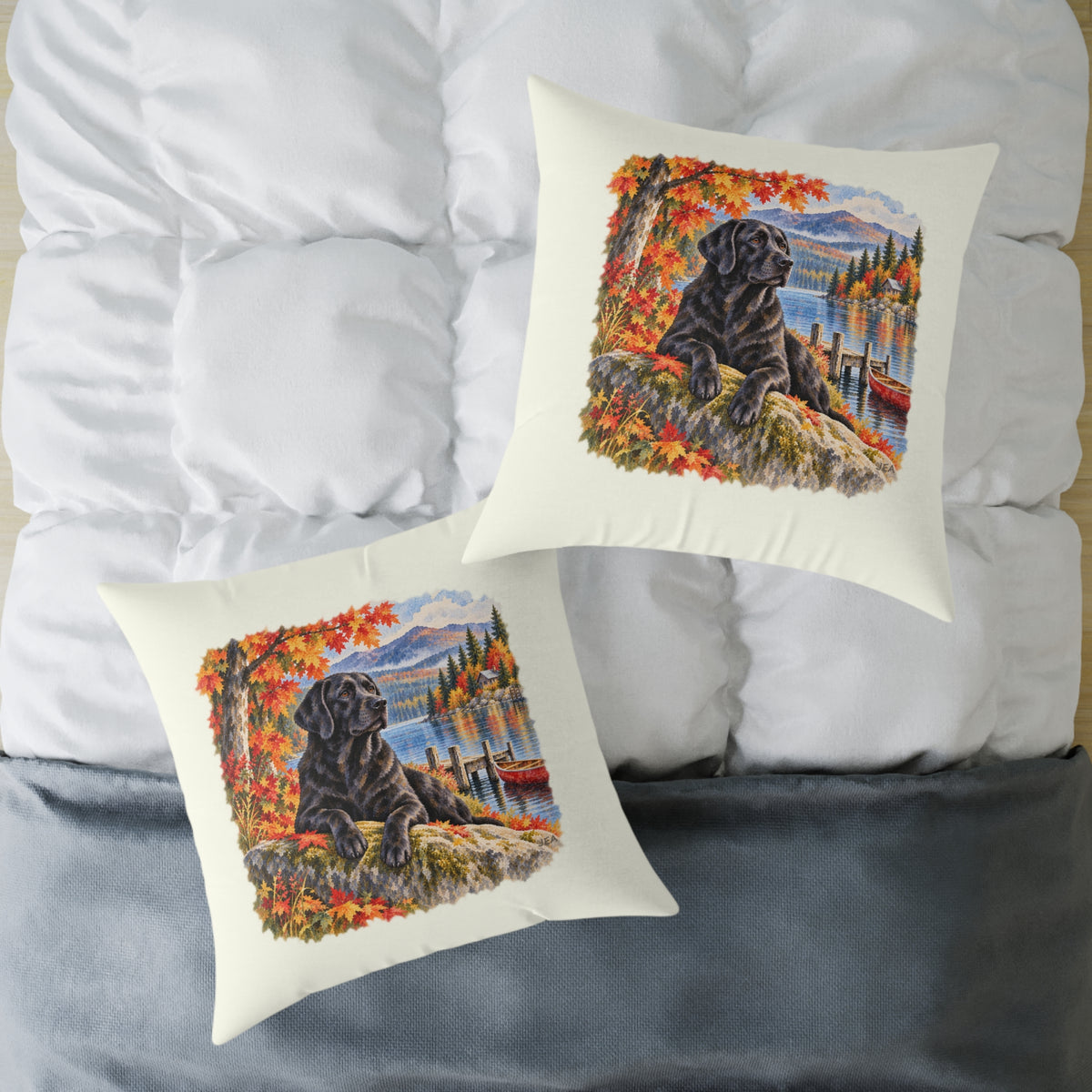 Black Labrador Maine Lake Autumn Throw Pillow Ivory Home Decor Collection Fall Mountain Dog Decor BarkingDog Shop