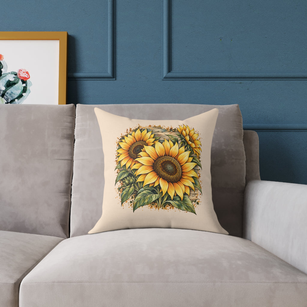 Sunflower Woodcut Relief Throw Pillow Warm Peach Floral Farmhouse Home Decor BarkingDog Shop