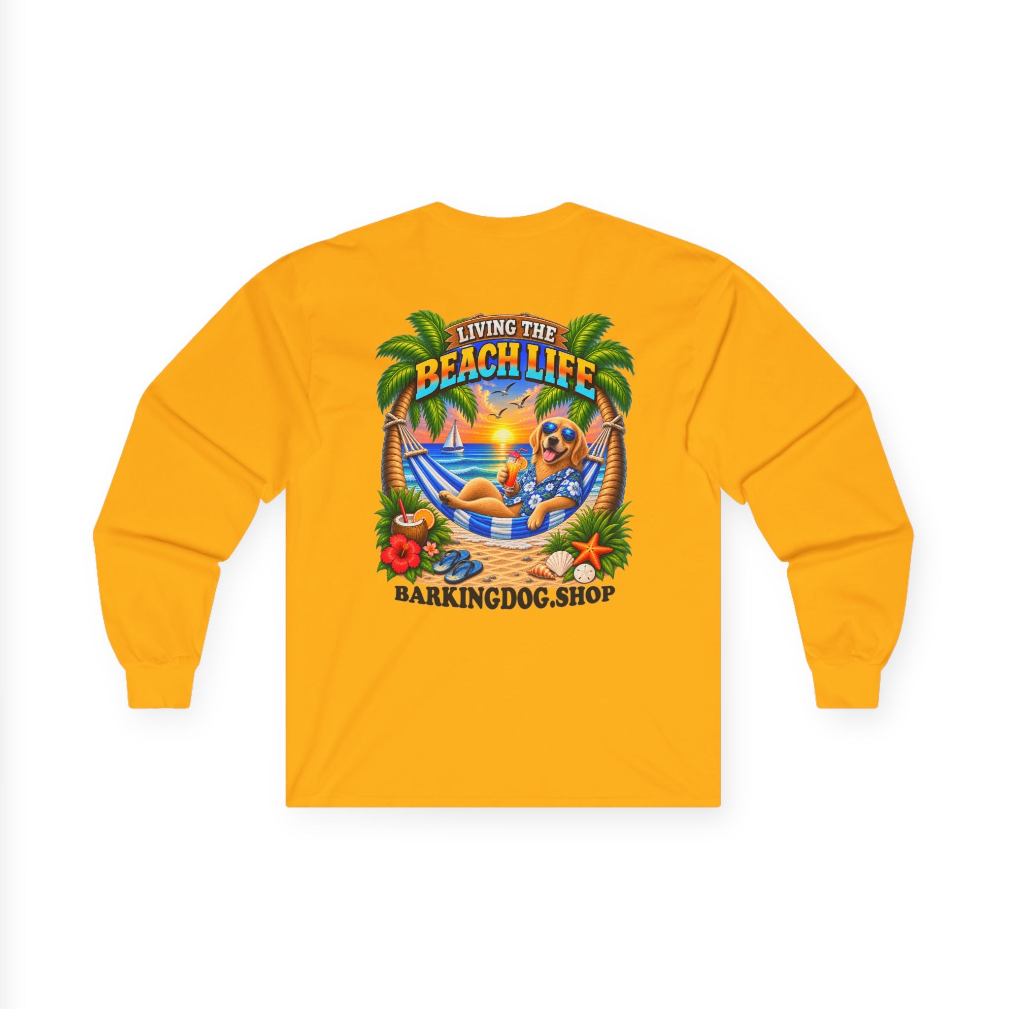 Golden Retriever Beach Life Canine Long Sleeve T Shirt Beach Collection Hammock Tropical Dog Graphic Tee Wag On BarkingDog Shop