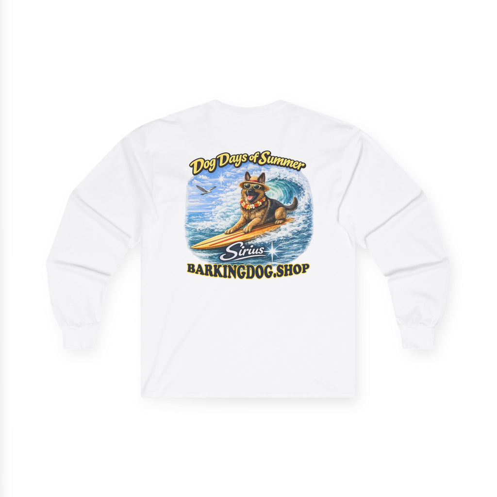 German Shepherd Dog Days of Summer Surfboard Long Sleeve T Shirt Beach Collection Surfing Dog Graphic Tee Wag On BarkingDog Shop