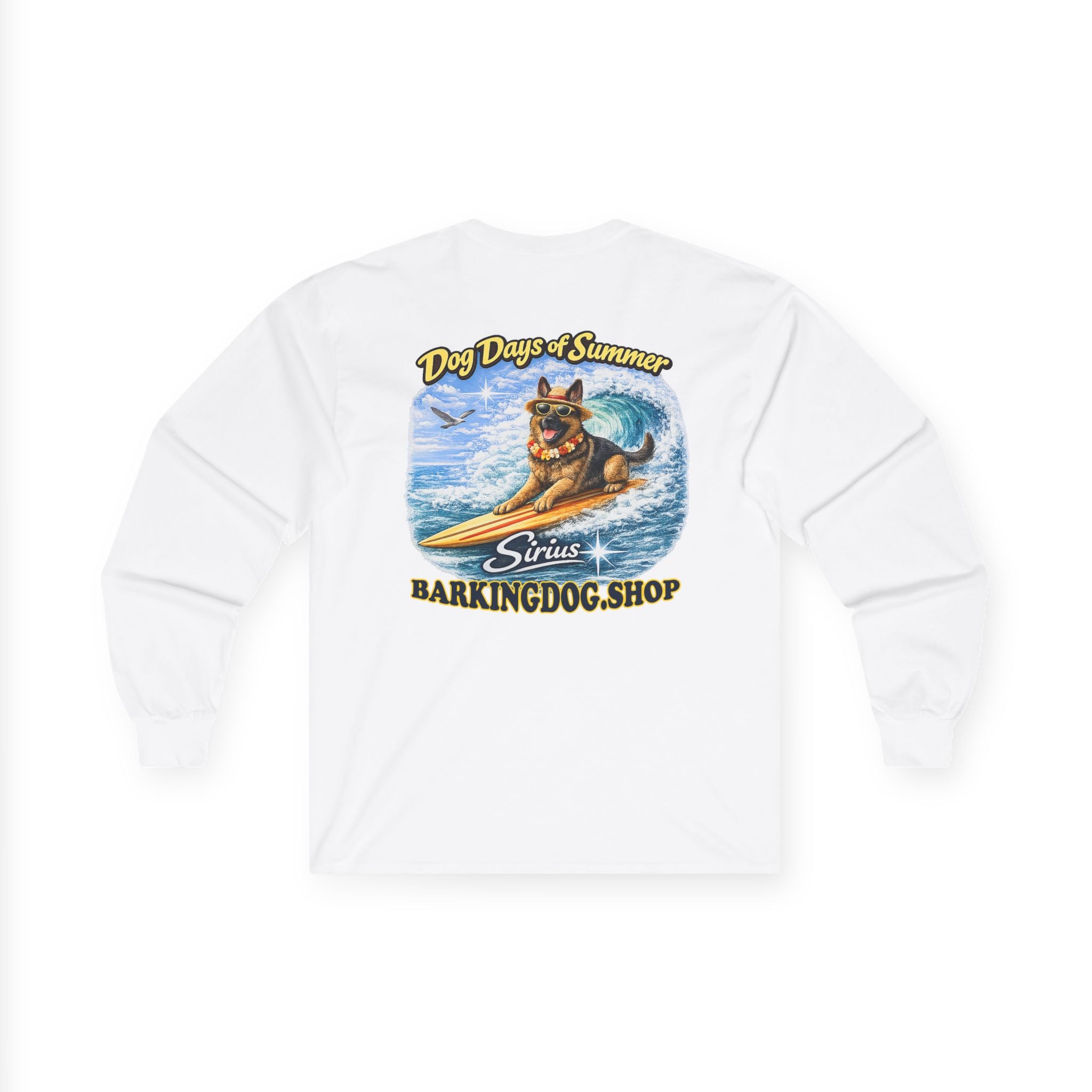 German Shepherd Dog Days of Summer Surfboard Long Sleeve T Shirt Beach Collection Surfing Dog Graphic Tee Wag On BarkingDog Shop