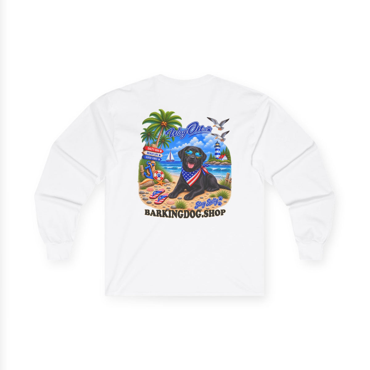 Black Labrador Stay Salty Pup Long Sleeve T Shirt Beach Collection Coastal Dog Graphic Tee Wag On BarkingDog Shop