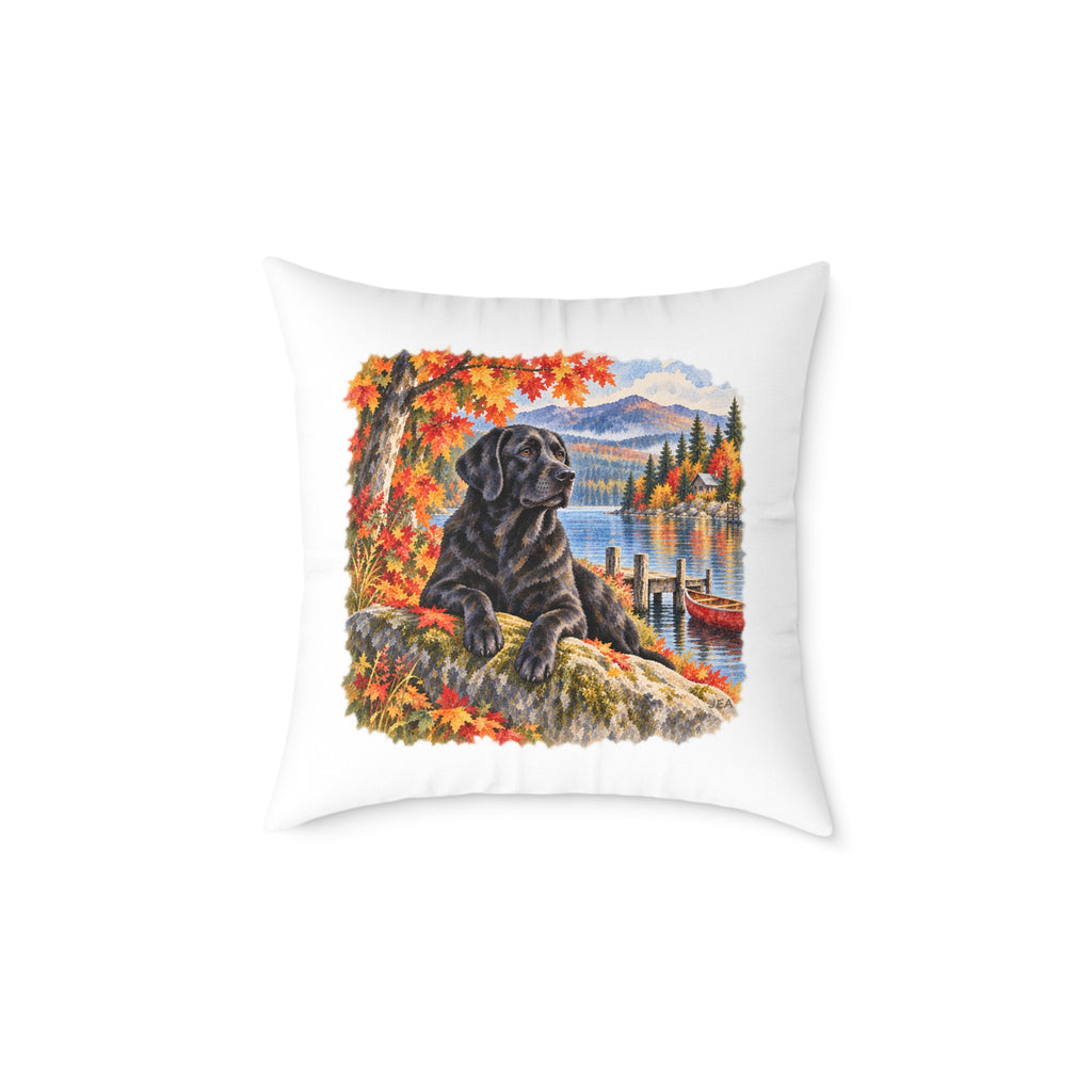 Black Labrador Maine Lake Autumn Throw Pillow White Home Decor Collection Fall Mountain Dog Decor BarkingDog Shop
