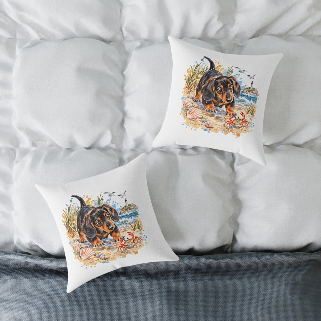 Dachshund Bewildered by Crab Beach Throw Pillow White Home Decor Collection Funny Coastal Dog Decor BarkingDog Shop