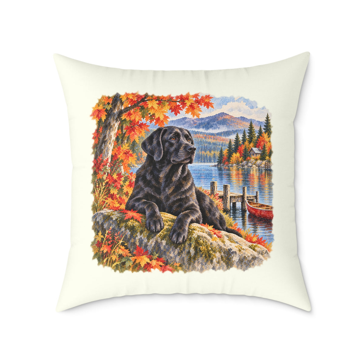 Black Labrador Maine Lake Autumn Throw Pillow Ivory Home Decor Collection Fall Mountain Dog Decor BarkingDog Shop