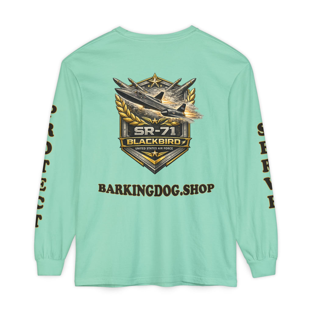 SR-71 Blackbird Long Sleeve Tee — Barking Dog 'Wag On' Military Air Force Tribute