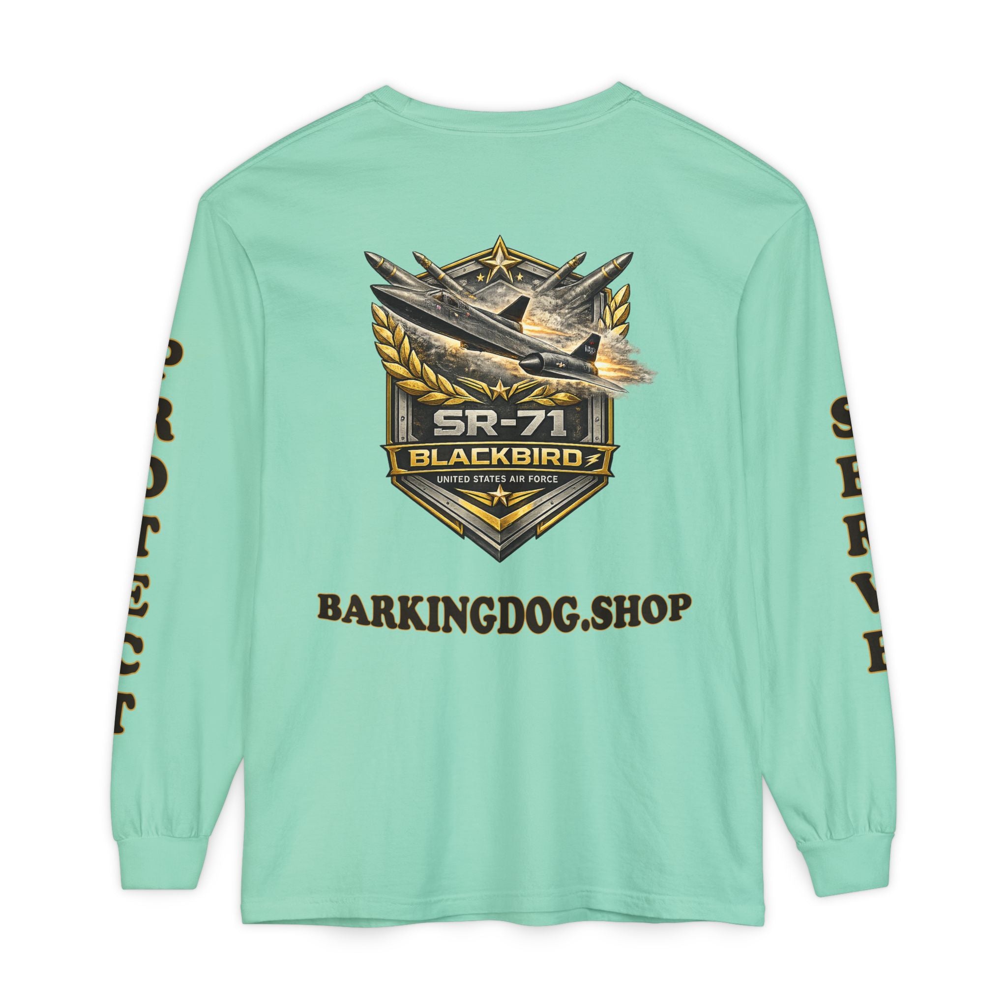 SR-71 Blackbird Long Sleeve Tee — Barking Dog 'Wag On' Military Air Force Tribute