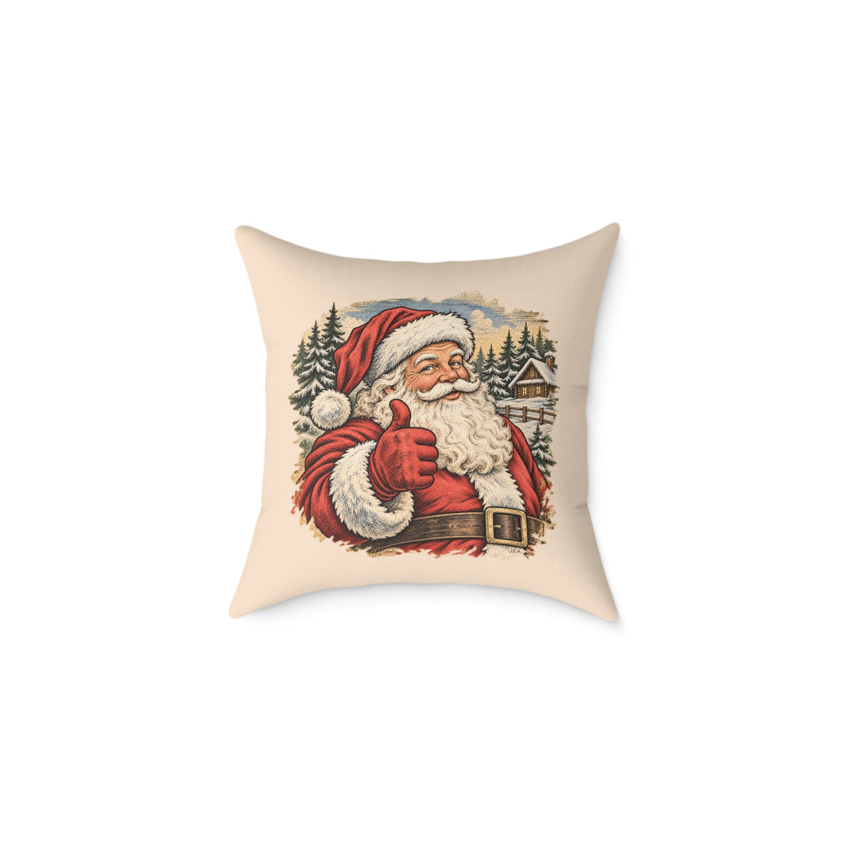 Santa Thumbs Up Woodcut Relief Throw Cushion Warm Peach Holiday Decoration BarkingDog Shop