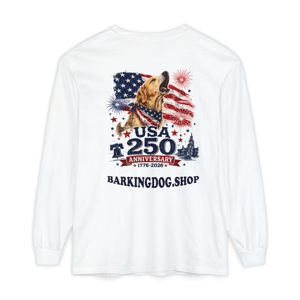 USA 250th Anniversary Long Sleeve T-Shirt — Patriotic Dog Flag Design