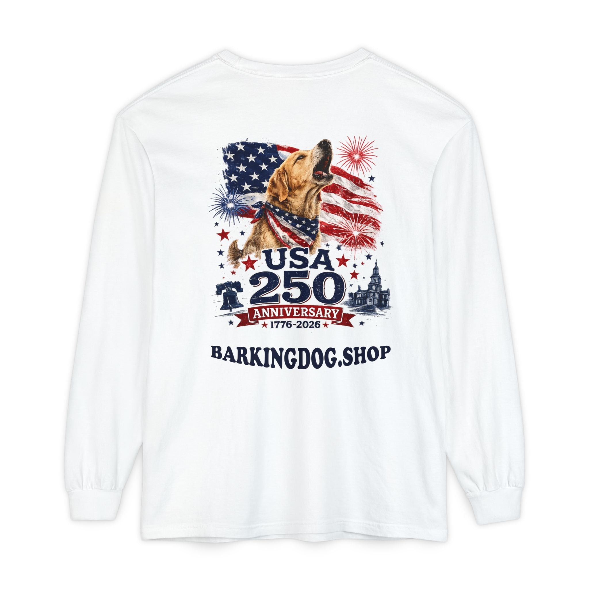 USA 250th Anniversary Long Sleeve T-Shirt — Patriotic Dog Flag Design