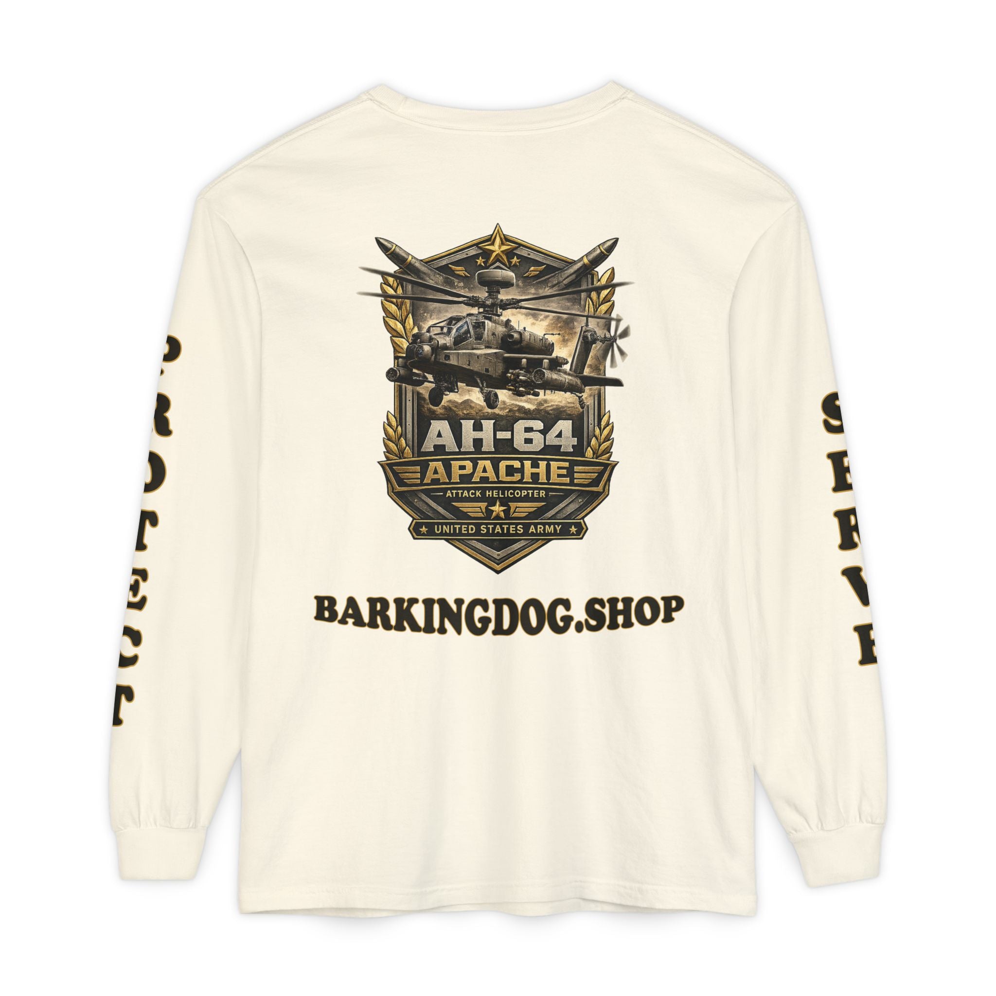 AH-64 Apache Helicopter Long Sleeve Tee — BarkingDog 'Wag On' Military Tribute
