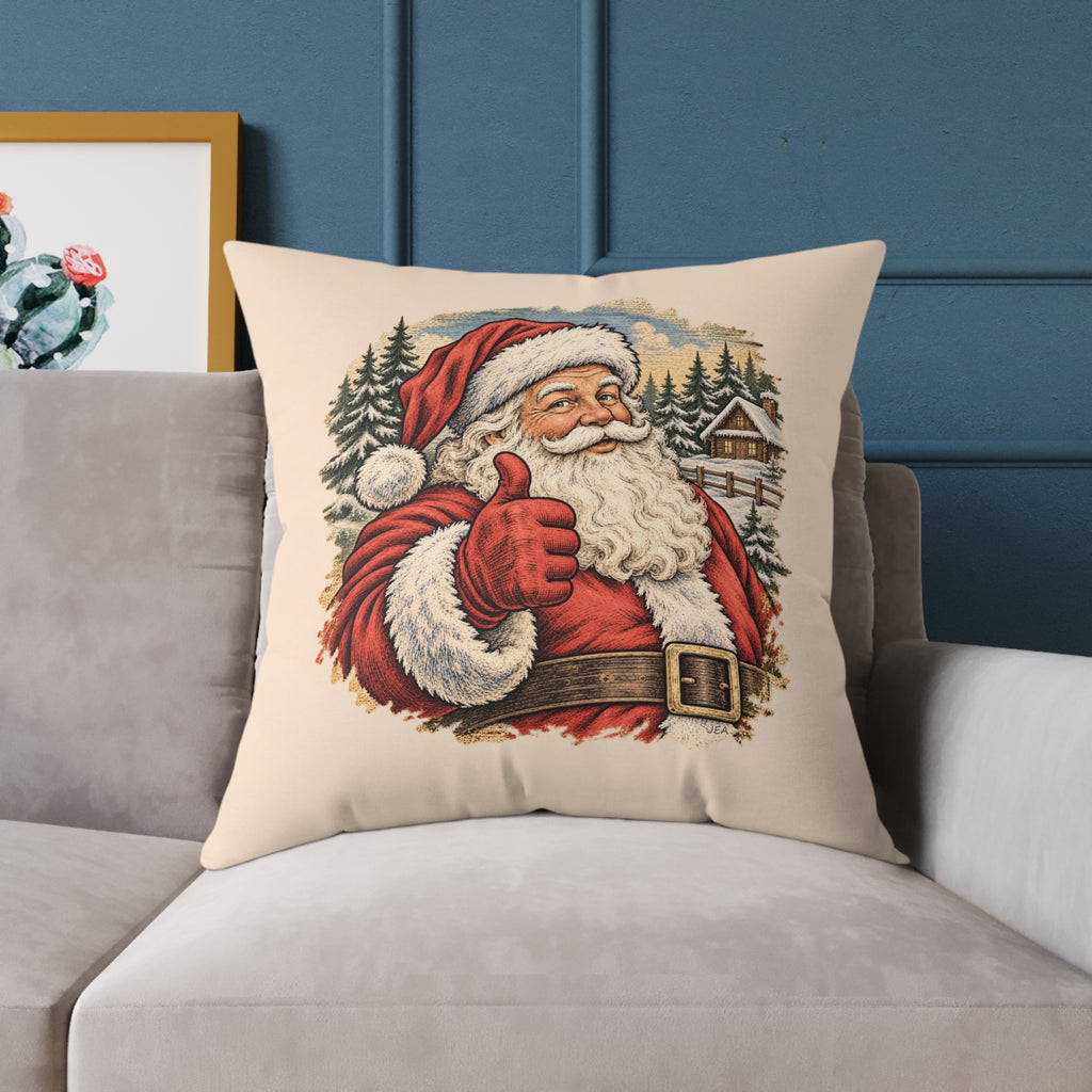Santa Thumbs Up Woodcut Relief Throw Cushion Warm Peach Holiday Decoration BarkingDog Shop