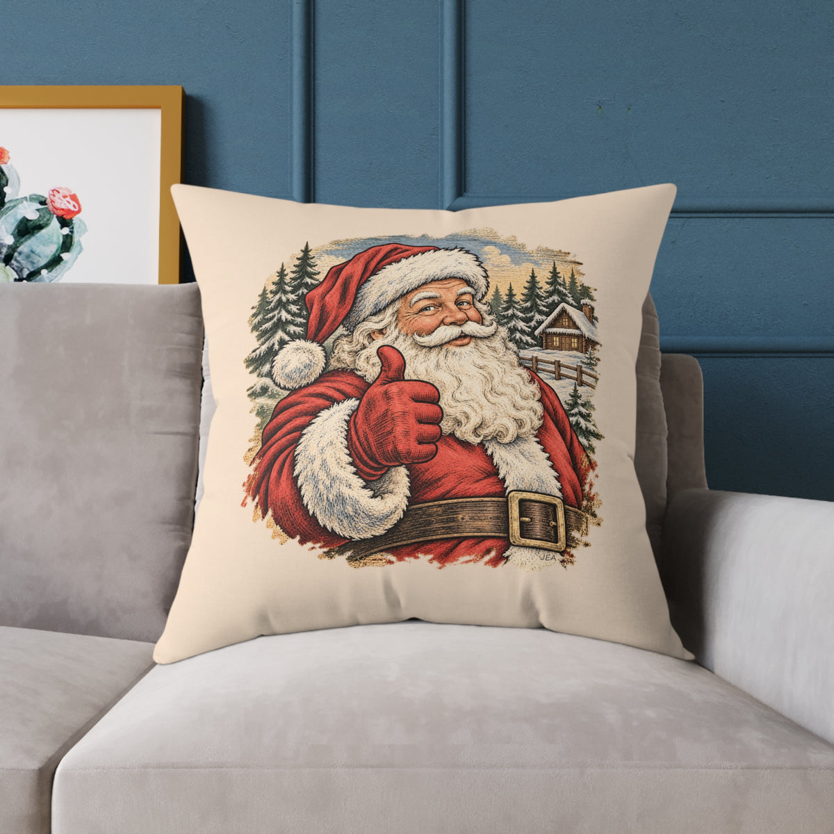 Santa Thumbs Up Woodcut Relief Throw Cushion Warm Peach Holiday Decoration BarkingDog Shop