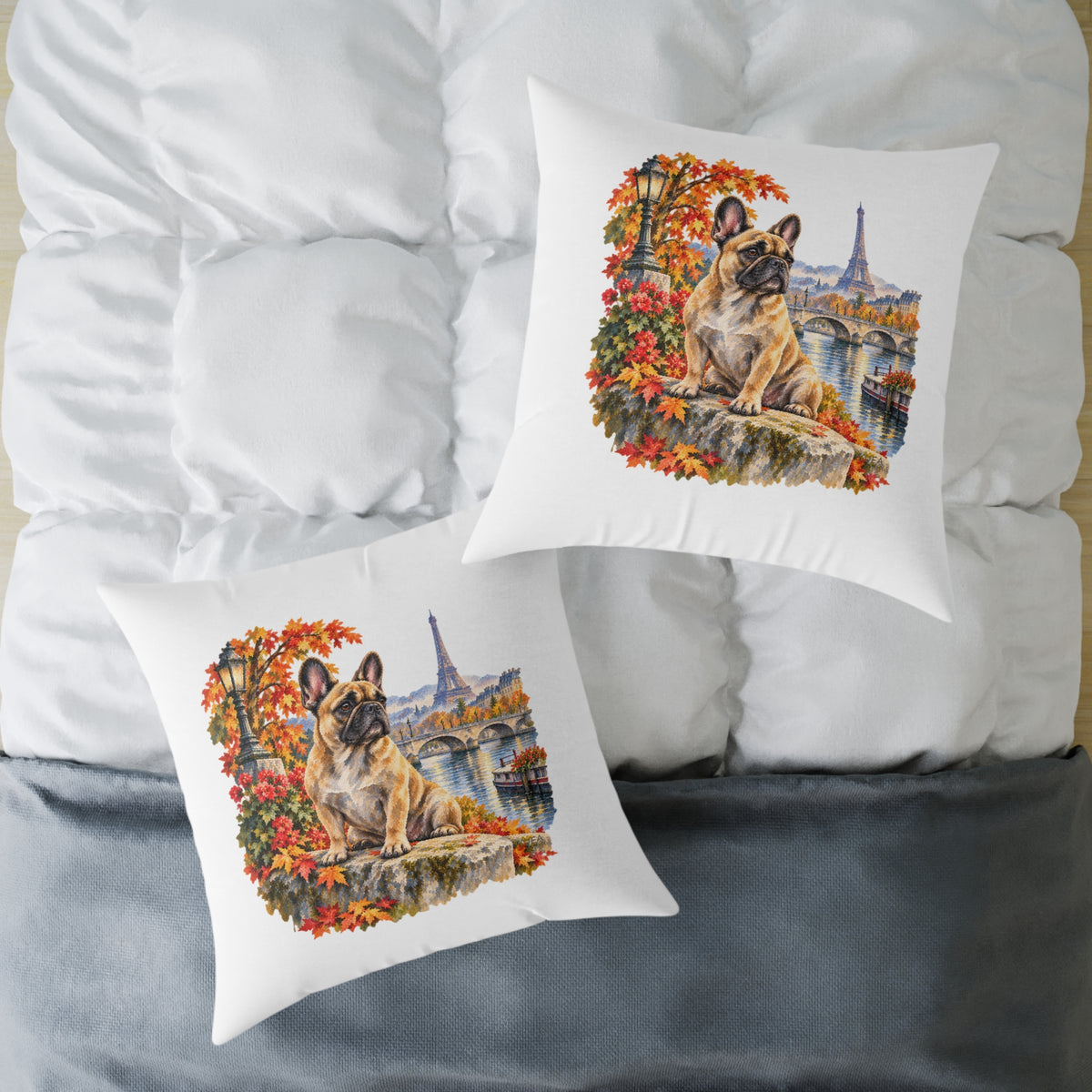French Bulldog Paris in Autumn Throw Pillow White Home Decor Collection Eiffel Tower Scenic Dog Decor BarkingDog Shop