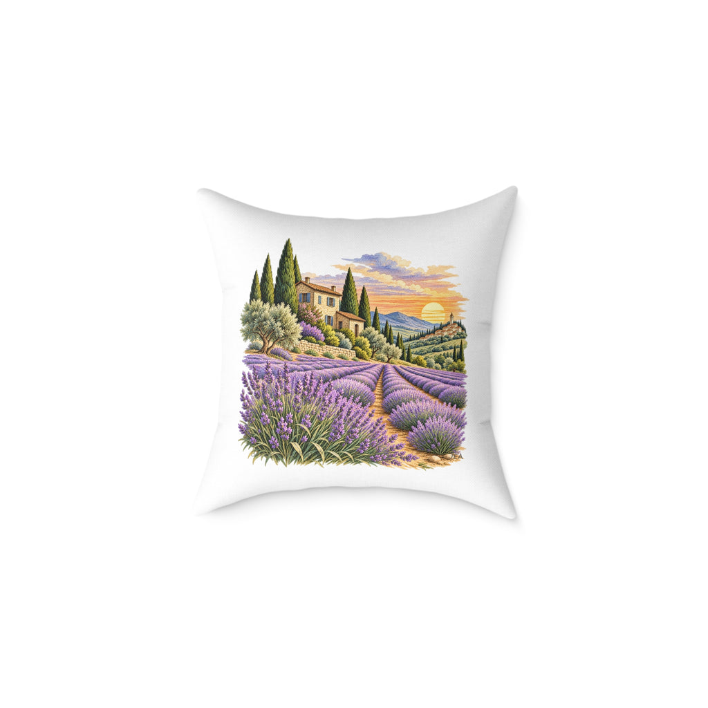 Lavender Fields Woodcut Relief Throw Pillow White Floral Landscape Home Decor BarkingDog Shop