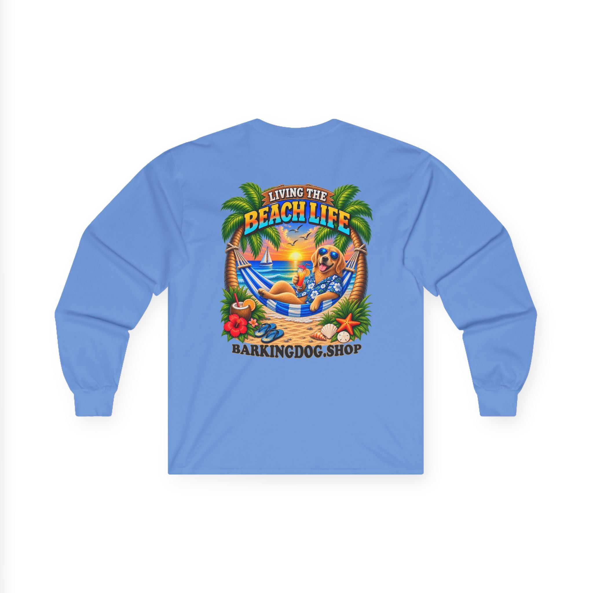 Golden Retriever Beach Life Canine Long Sleeve T Shirt Beach Collection Hammock Tropical Dog Graphic Tee Wag On BarkingDog Shop