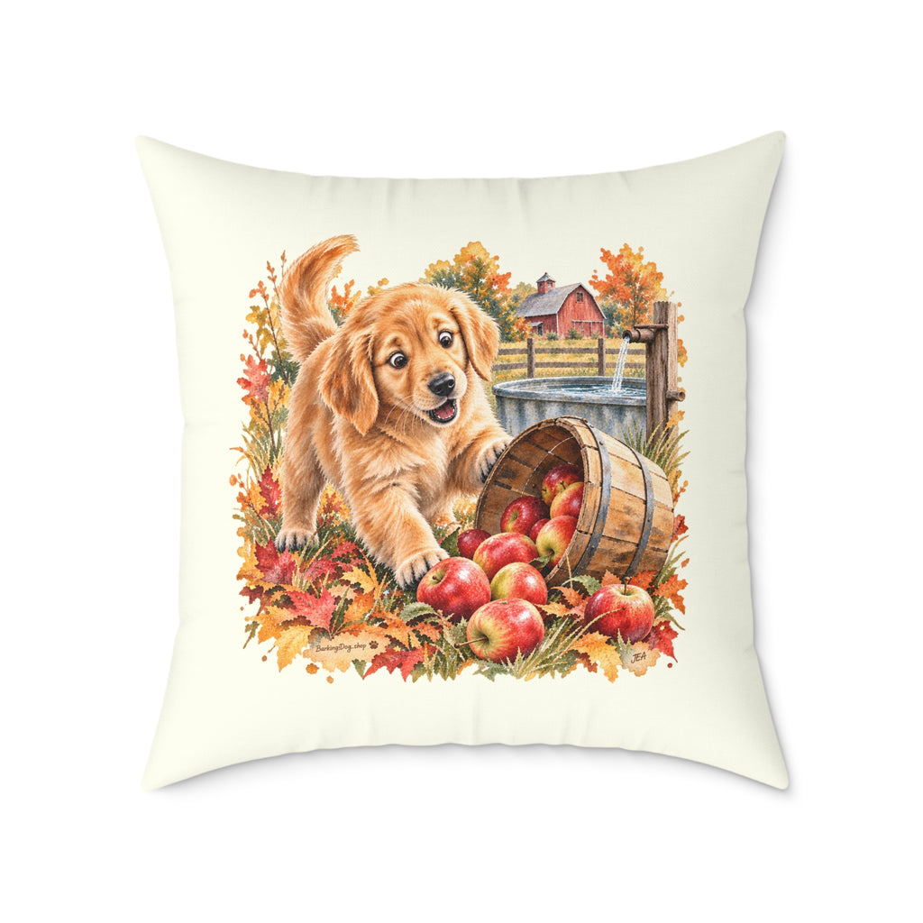 Golden Retriever Puppy Spilled Apples Throw Pillow Ivory Home Decor Collection Farmhouse Dog Decor BarkingDog Shop