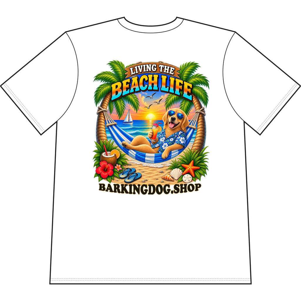 Golden Retriever Beach Life Canine T Shirt Beach Collection Living the Beach Life Tropical Graphic Tee Wag On BarkingDog Shop