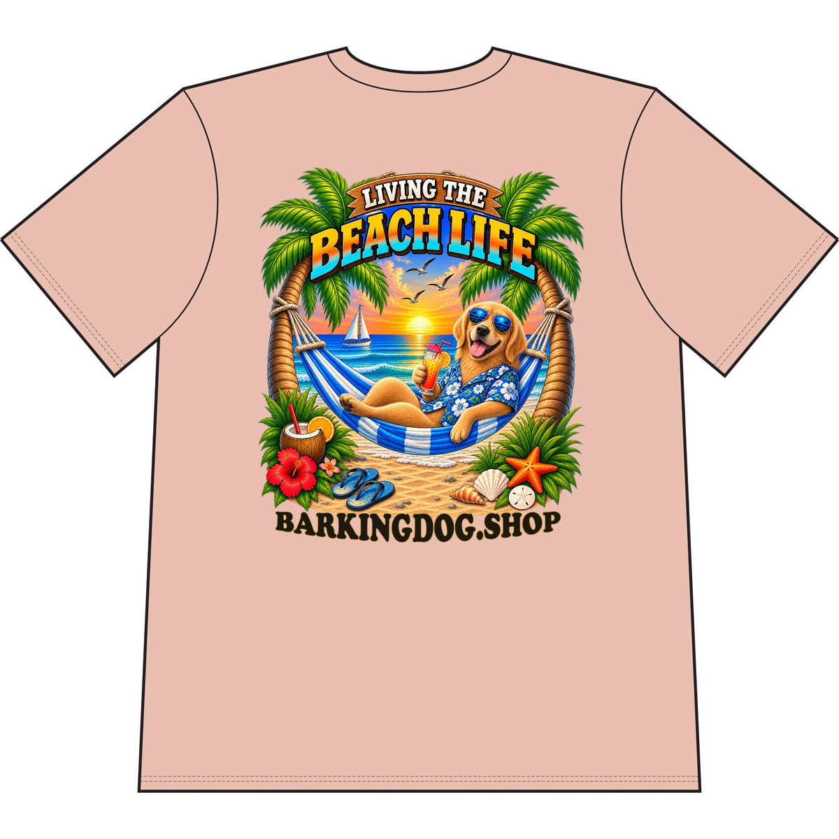 Golden Retriever Beach Life Canine T Shirt Beach Collection Living the Beach Life Tropical Graphic Tee Wag On BarkingDog Shop