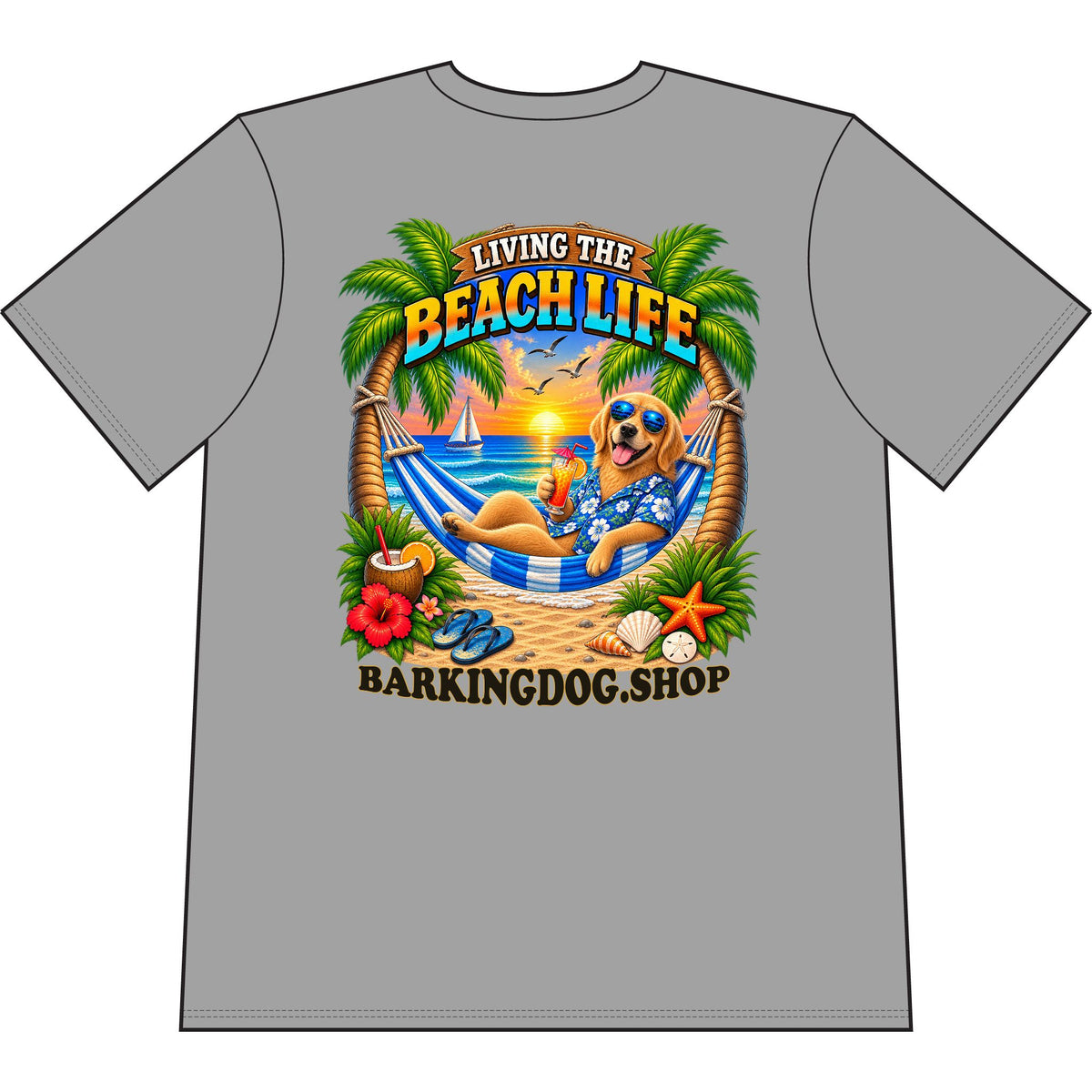 Golden Retriever Beach Life Canine T Shirt Beach Collection Living the Beach Life Tropical Graphic Tee Wag On BarkingDog Shop