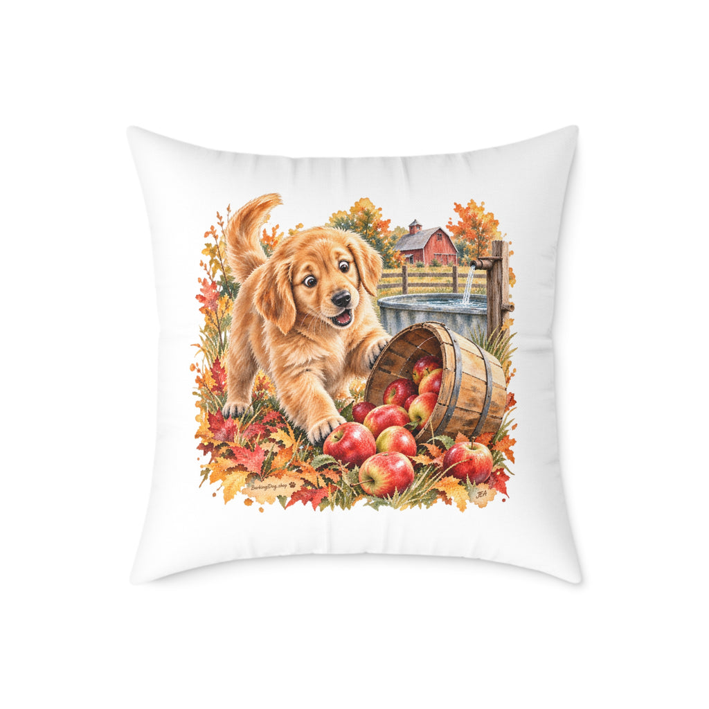 Golden Retriever Puppy Spilled Apples Throw Pillow White Home Decor Collection Farmhouse Dog Decor BarkingDog Shop