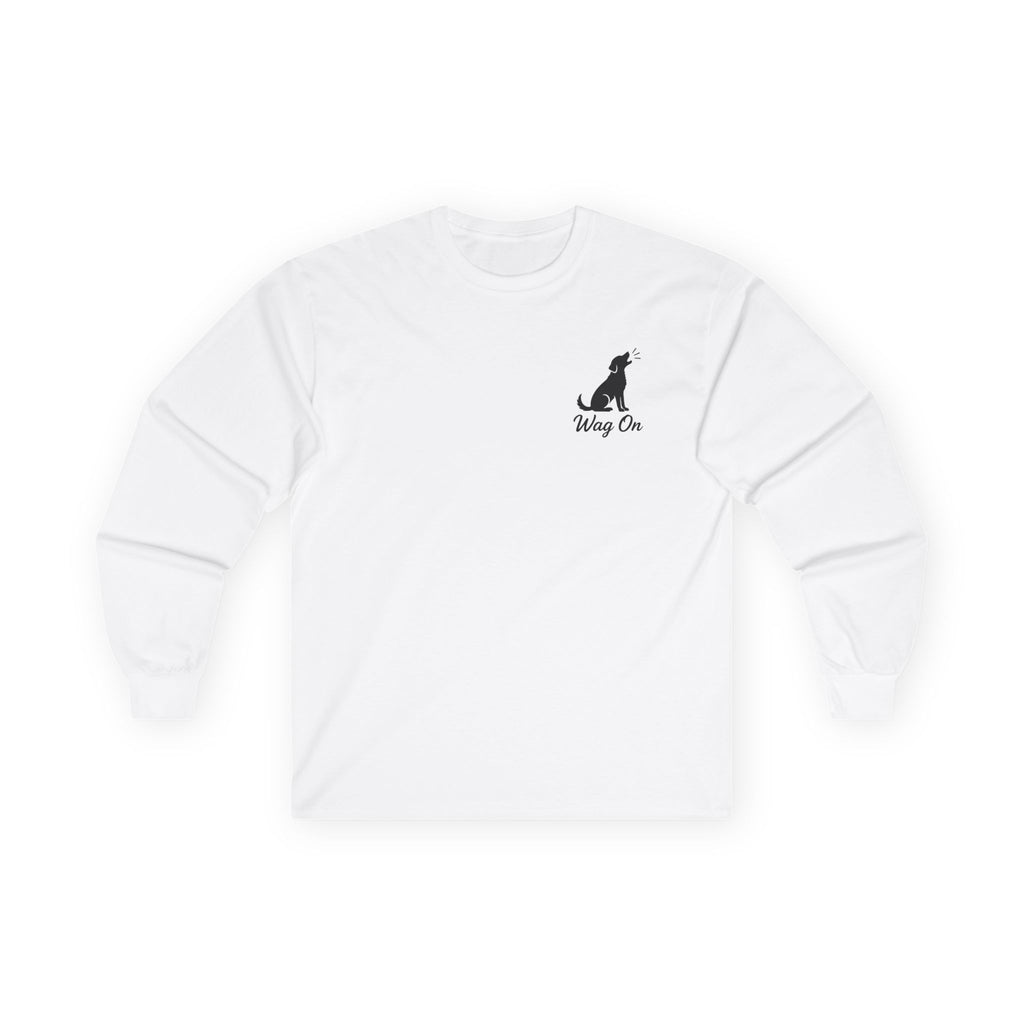 White Long Sleeve Tee — Minimal Text Repeat Graphic