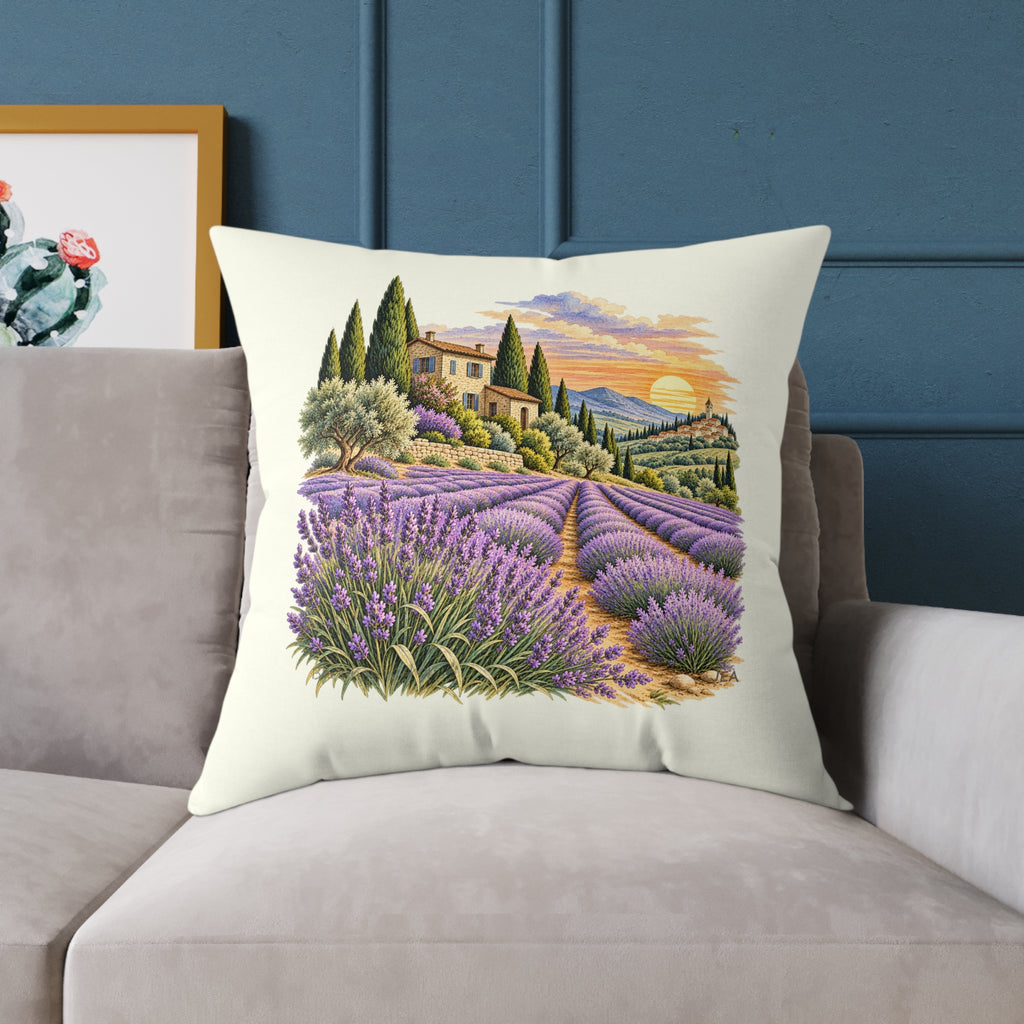 Lavender Fields Woodcut Relief Throw Pillow Ivory Floral Landscape Home Decor BarkingDog Shop