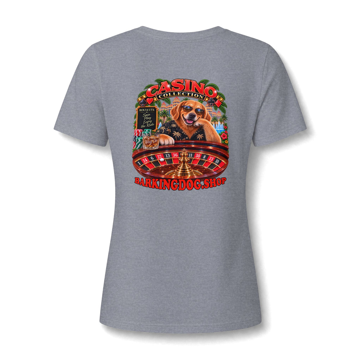 Golden Retriever Roulette Womens V Neck T Shirt Casino Collection Funny Casino Dog Graphic Tee Wag On BarkingDog Shop