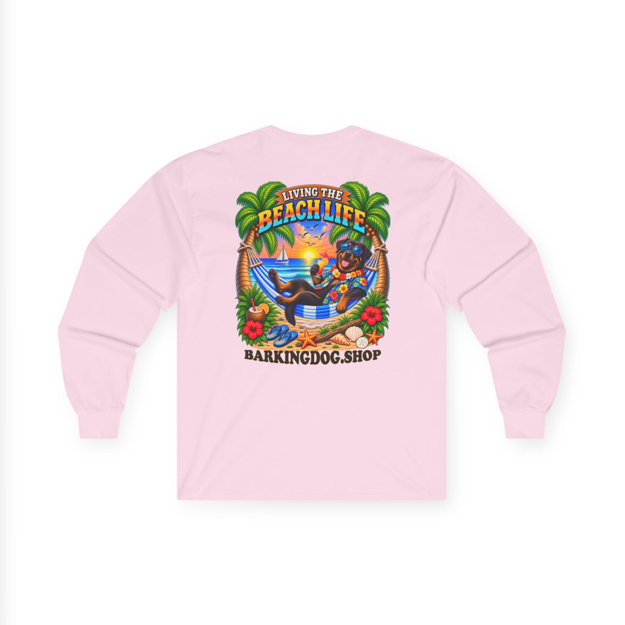 Rottweiler Beach Life Canine Long Sleeve T Shirt Beach Collection Hammock Tropical Dog Graphic Tee Wag On BarkingDog Shop